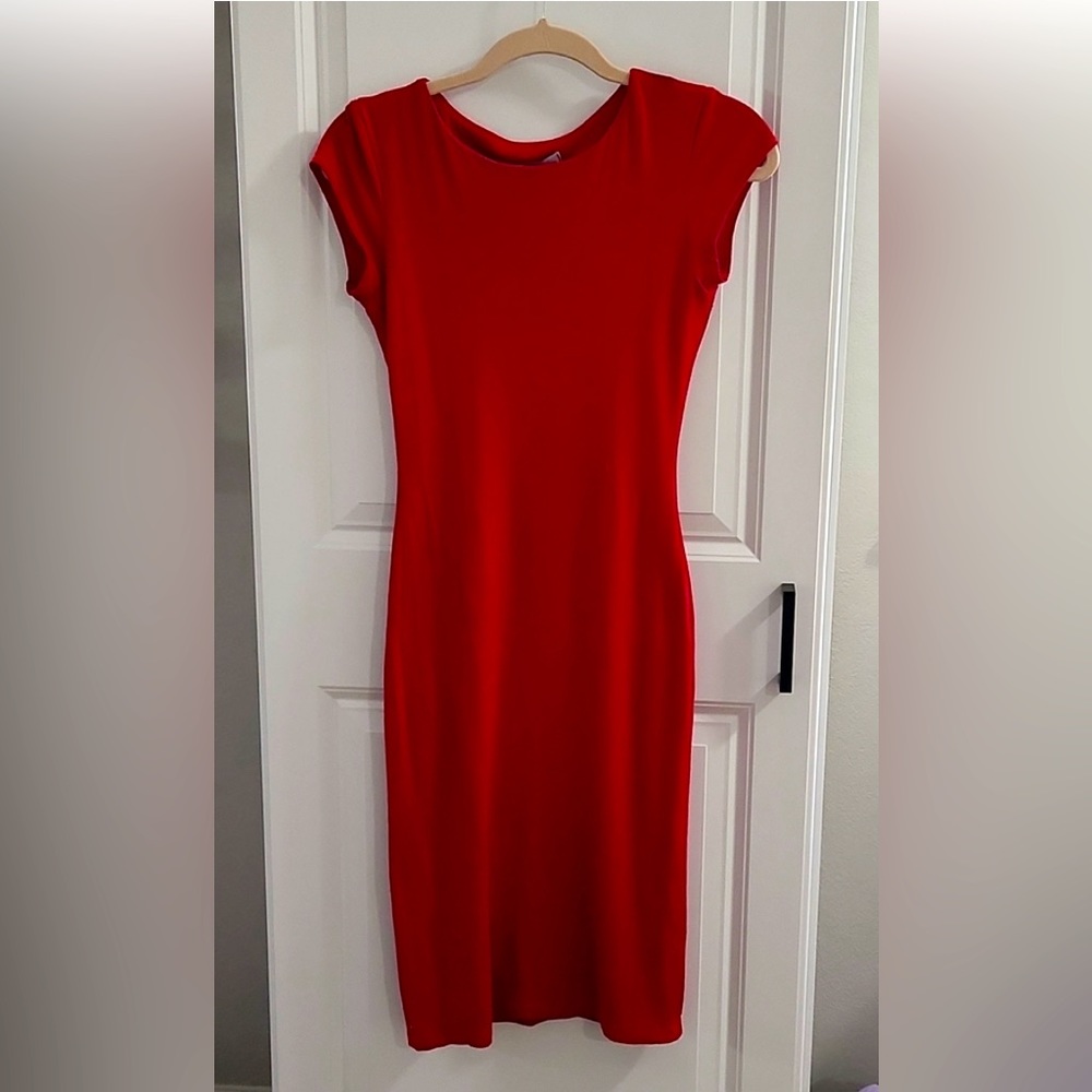 Bright Red Bodycon Midi Dress Cap Sleeves Size S